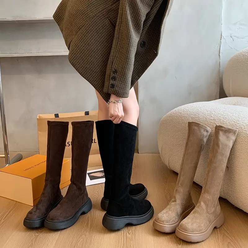 Suede Long Boots Women's Short but Knee Long Boots French Flat Stretch Slim Retro High Knights Boots - Image 6