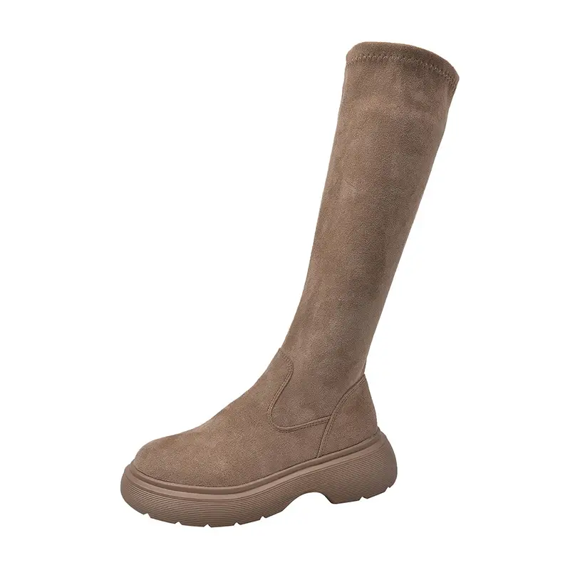 Suede Long Boots Women's Short but Knee Long Boots French Flat Stretch Slim Retro High Knights Boots - Image 7