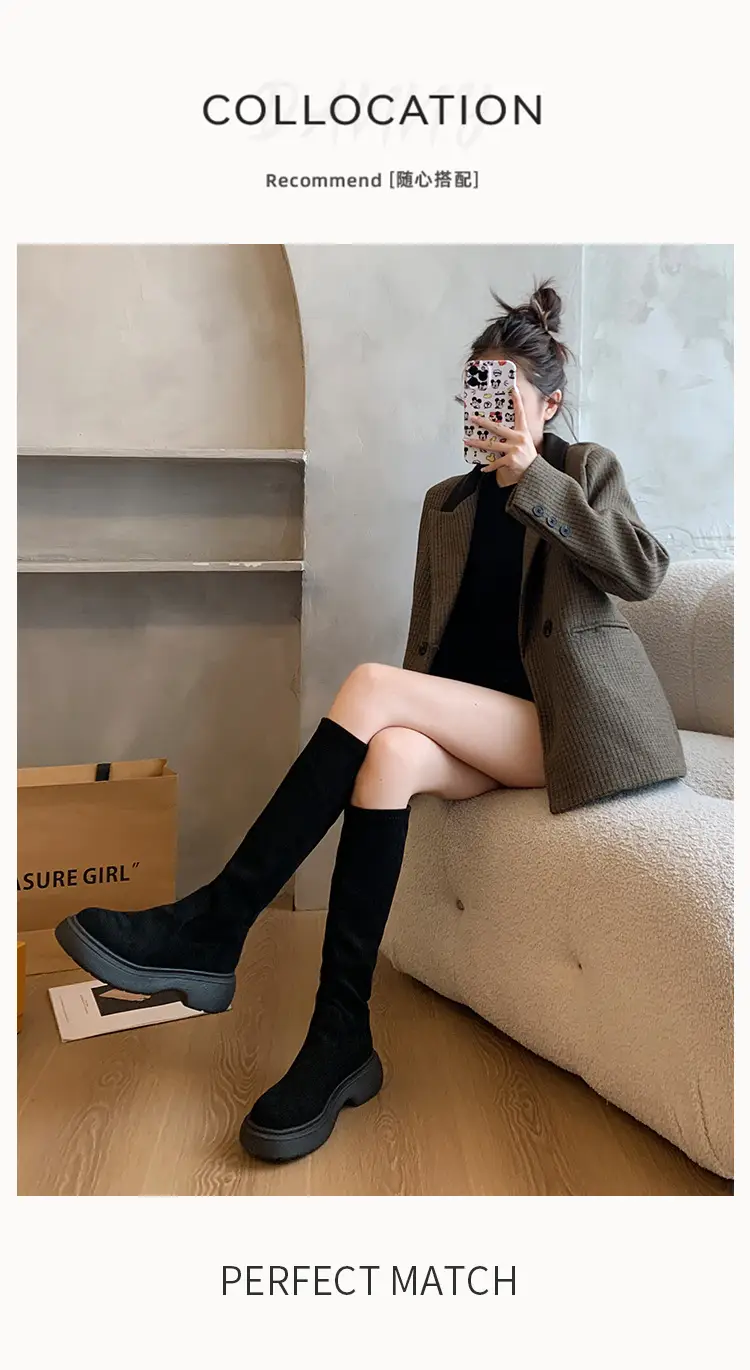 Suede Long Boots Women's Short but Knee Long Boots French Flat Stretch Slim Retro High Knights Boots — feature 11