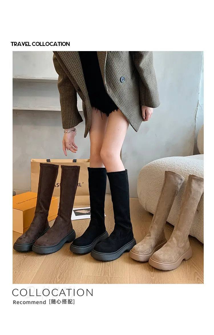 Suede Long Boots Women's Short but Knee Long Boots French Flat Stretch Slim Retro High Knights Boots — feature 12