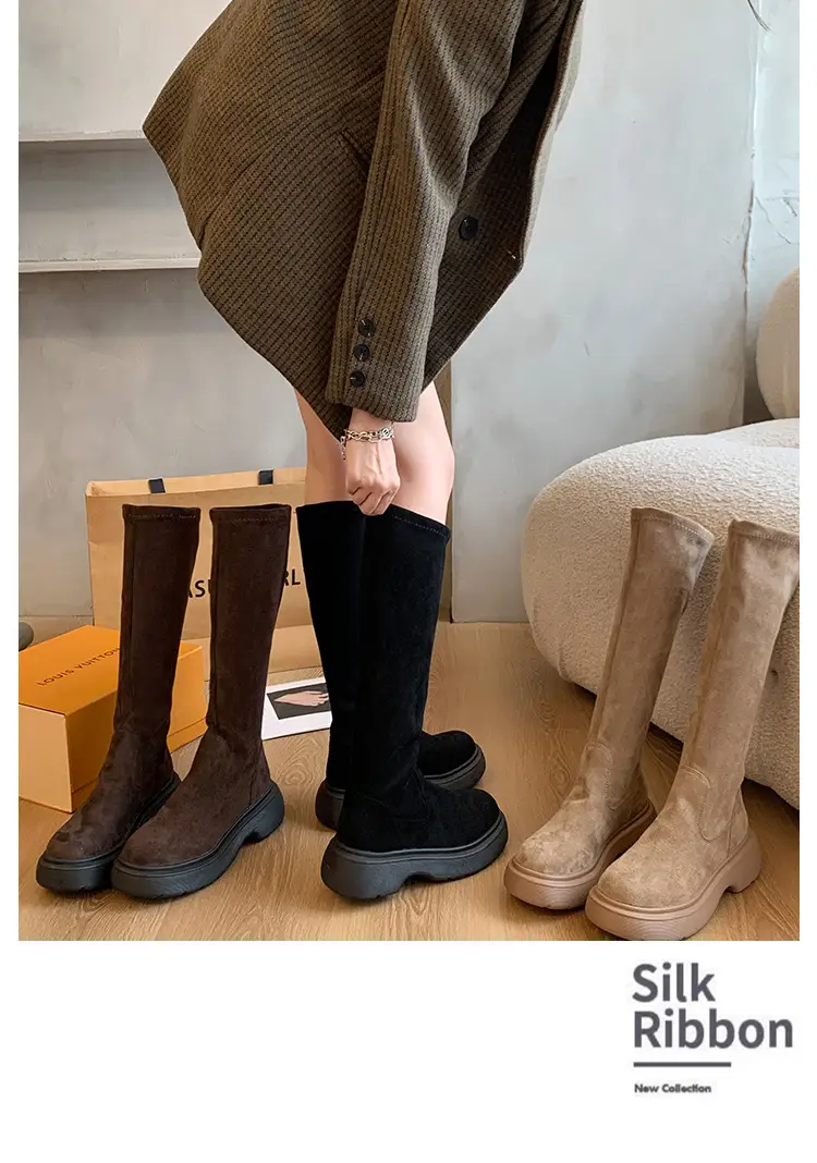 Suede Long Boots Women's Short but Knee Long Boots French Flat Stretch Slim Retro High Knights Boots — feature 13