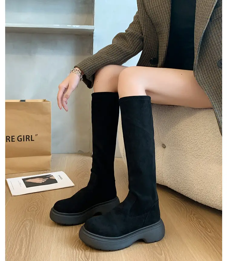 Suede Long Boots Women's Short but Knee Long Boots French Flat Stretch Slim Retro High Knights Boots — feature 14