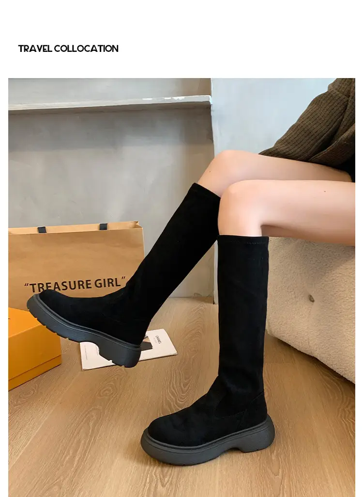 Suede Long Boots Women's Short but Knee Long Boots French Flat Stretch Slim Retro High Knights Boots — feature 15