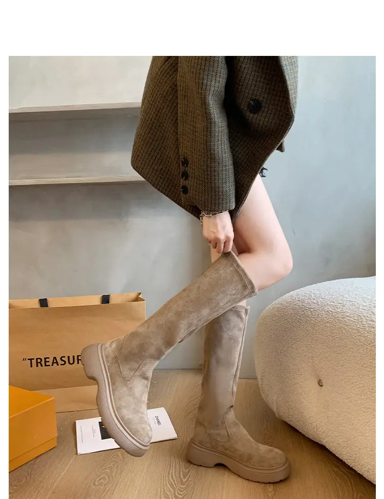 Suede Long Boots Women's Short but Knee Long Boots French Flat Stretch Slim Retro High Knights Boots — feature 16