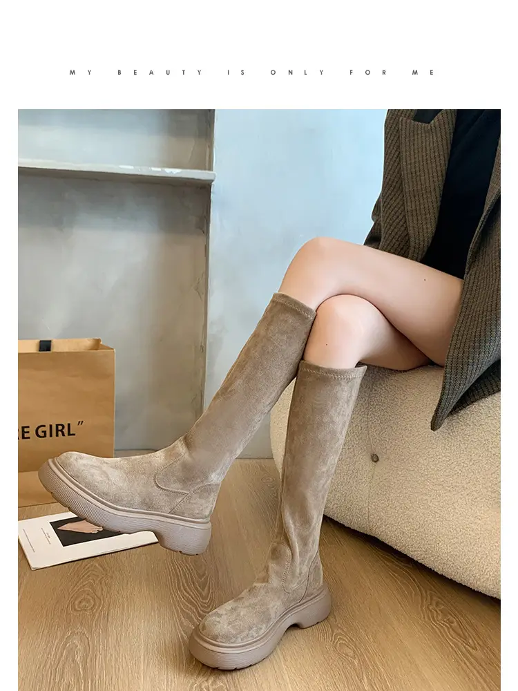 Suede Long Boots Women's Short but Knee Long Boots French Flat Stretch Slim Retro High Knights Boots — feature 17