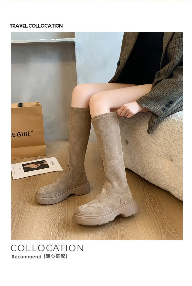 Suede Long Boots Women's Short but Knee Long Boots French Flat Stretch Slim Retro High Knights Boots — feature 18