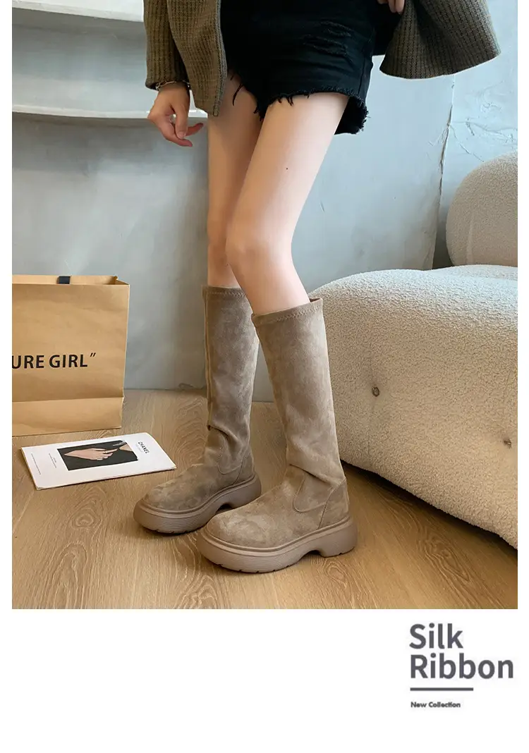Suede Long Boots Women's Short but Knee Long Boots French Flat Stretch Slim Retro High Knights Boots — feature 19