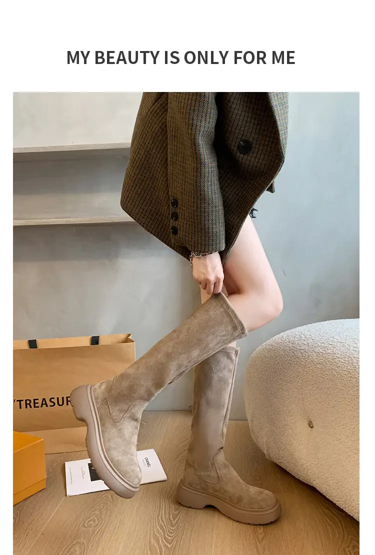 Suede Long Boots Women's Short but Knee Long Boots French Flat Stretch Slim Retro High Knights Boots — feature 2