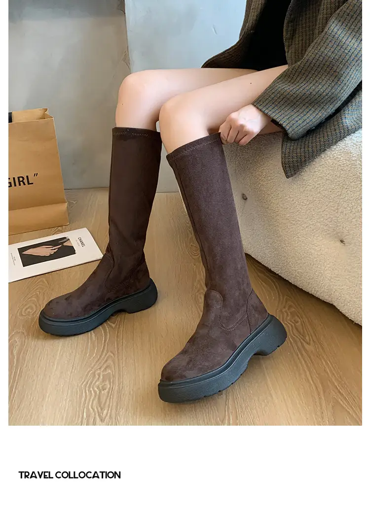 Suede Long Boots Women's Short but Knee Long Boots French Flat Stretch Slim Retro High Knights Boots — feature 20