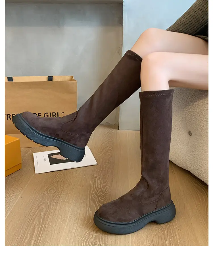 Suede Long Boots Women's Short but Knee Long Boots French Flat Stretch Slim Retro High Knights Boots — feature 21
