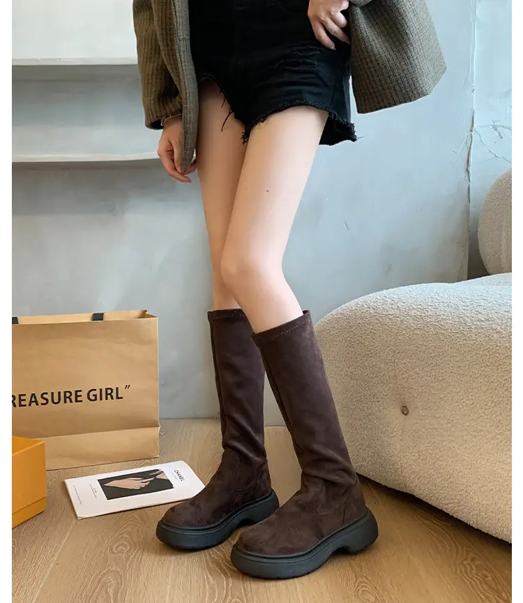 Suede Long Boots Women's Short but Knee Long Boots French Flat Stretch Slim Retro High Knights Boots — feature 22