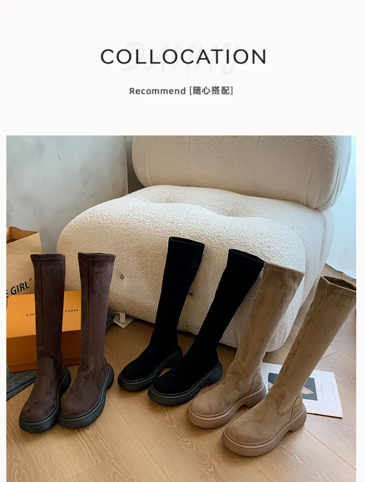 Suede Long Boots Women's Short but Knee Long Boots French Flat Stretch Slim Retro High Knights Boots — feature 24