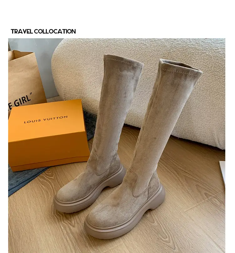 Suede Long Boots Women's Short but Knee Long Boots French Flat Stretch Slim Retro High Knights Boots — feature 25