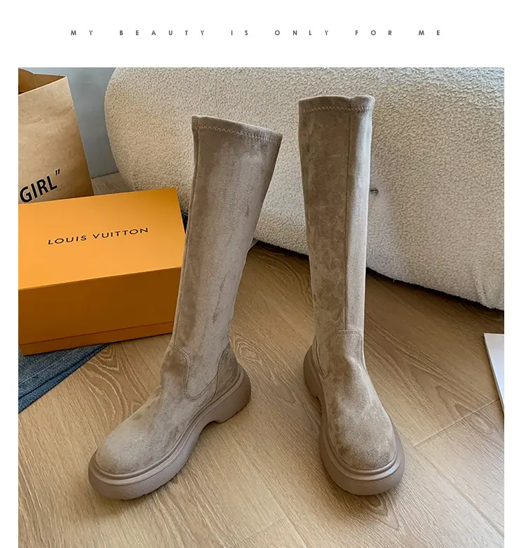Suede Long Boots Women's Short but Knee Long Boots French Flat Stretch Slim Retro High Knights Boots — feature 26