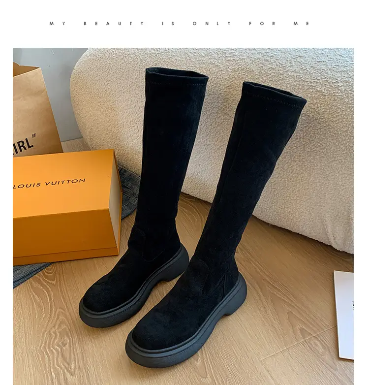 Suede Long Boots Women's Short but Knee Long Boots French Flat Stretch Slim Retro High Knights Boots — feature 27