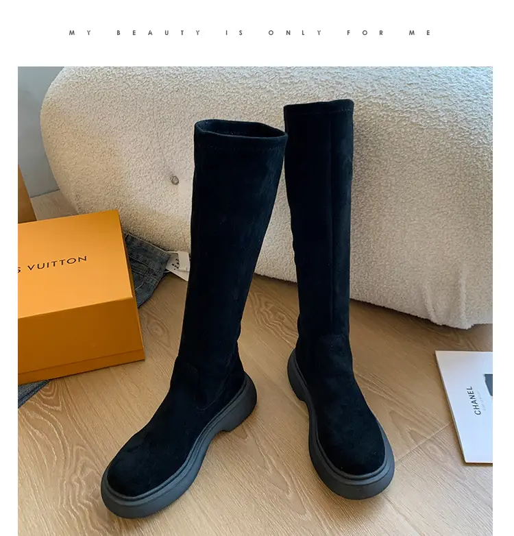 Suede Long Boots Women's Short but Knee Long Boots French Flat Stretch Slim Retro High Knights Boots — feature 28