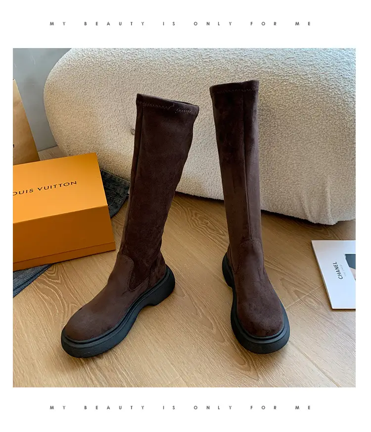 Suede Long Boots Women's Short but Knee Long Boots French Flat Stretch Slim Retro High Knights Boots — feature 29