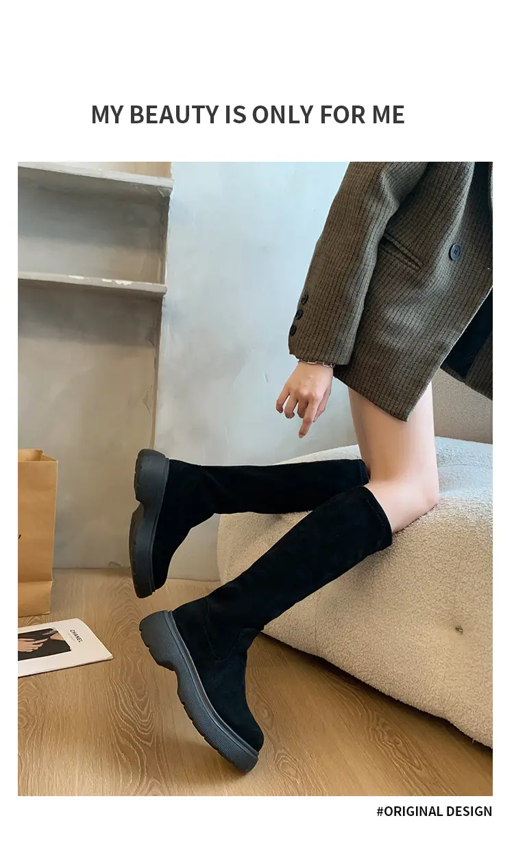 Suede Long Boots Women's Short but Knee Long Boots French Flat Stretch Slim Retro High Knights Boots — feature 3