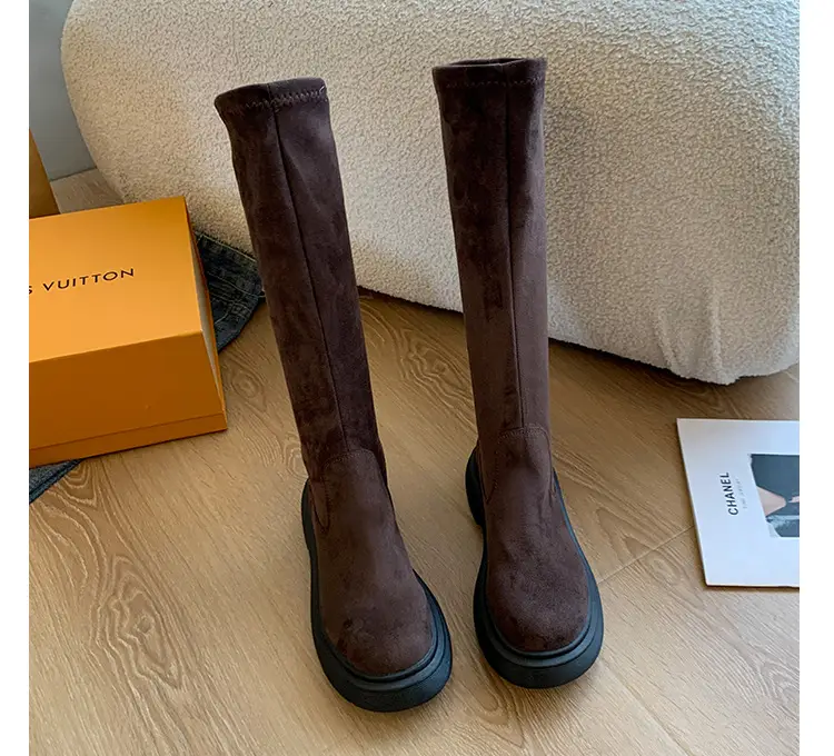 Suede Long Boots Women's Short but Knee Long Boots French Flat Stretch Slim Retro High Knights Boots — feature 30