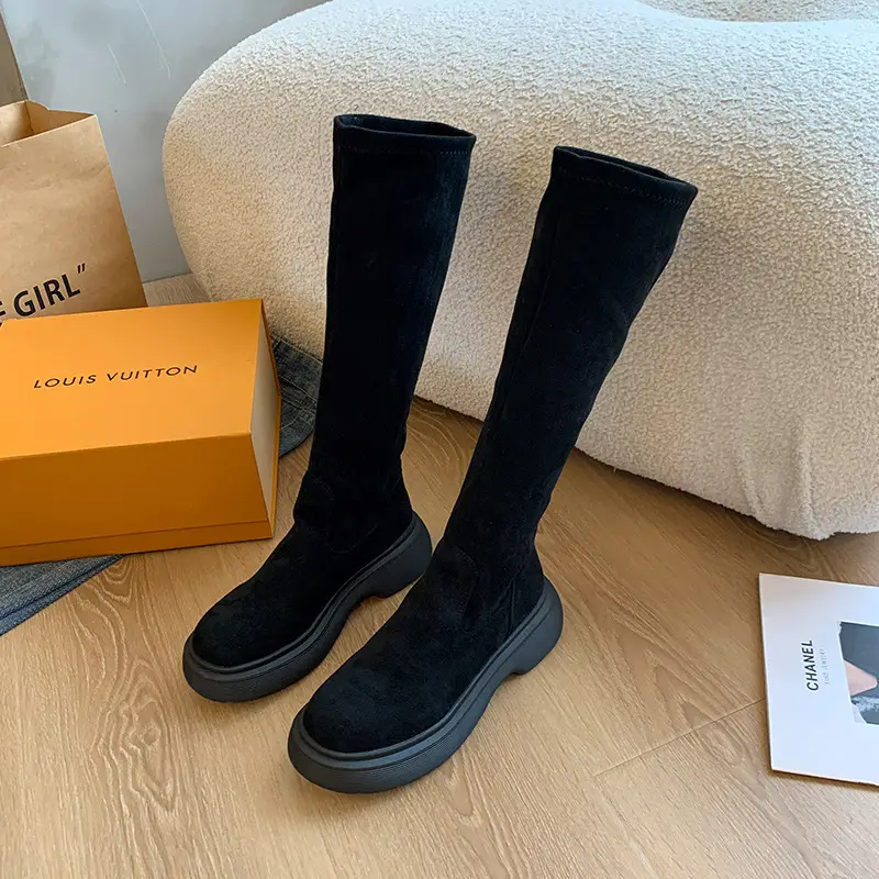Suede Long Boots Women's Short but Knee Long Boots French Flat Stretch Slim Retro High Knights Boots - Image 2