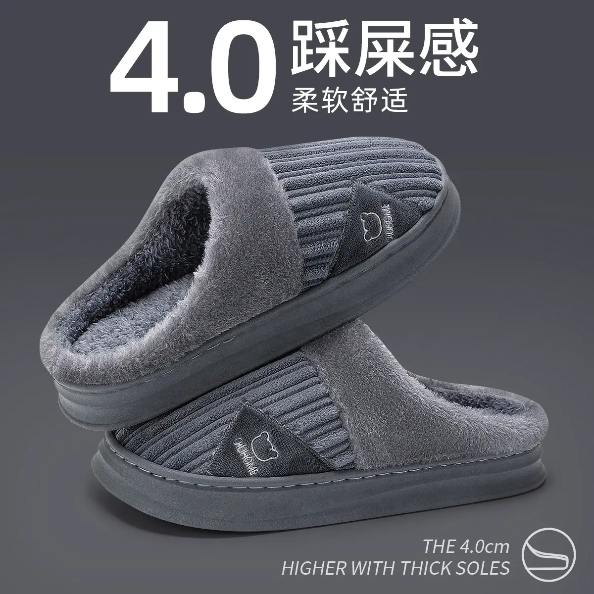 Men Winter Plush Cotton Slippers Grey 2025