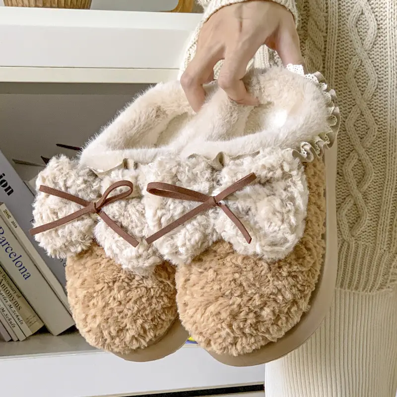 Internet Popular Color Matching Bow Cotton Slippers Women's Indoor Home Warm All-match fleece-lined Winter Outdoor Wear Cute Cotton Slippers - Image 4