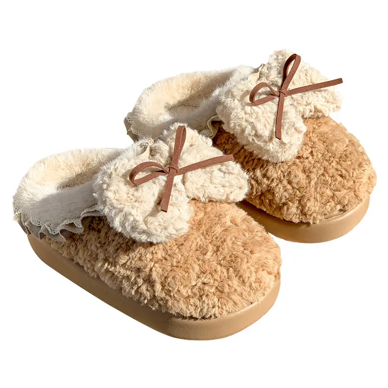 Internet Popular Color Matching Bow Cotton Slippers Women's Indoor Home Warm All-match fleece-lined Winter Outdoor Wear Cute Cotton Slippers - Image 6