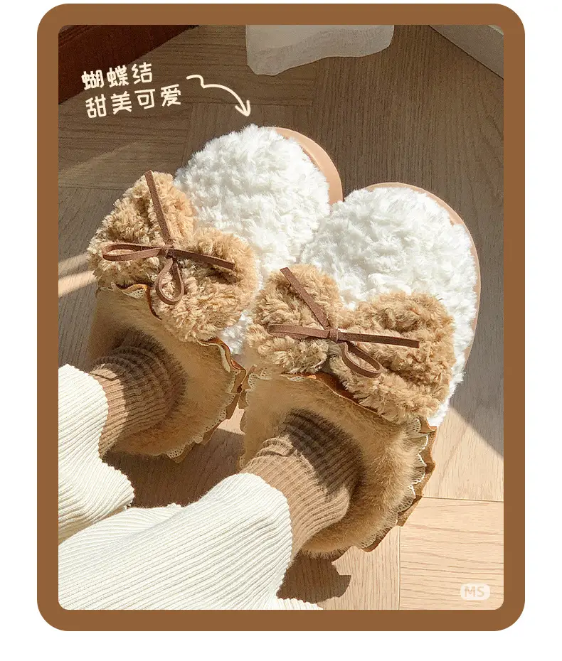 Internet Popular Color Matching Bow Cotton Slippers Women's Indoor Home Warm All-match fleece-lined Winter Outdoor Wear Cute Cotton Slippers — feature 3