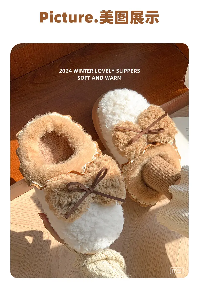 Internet Popular Color Matching Bow Cotton Slippers Women's Indoor Home Warm All-match fleece-lined Winter Outdoor Wear Cute Cotton Slippers — feature 4