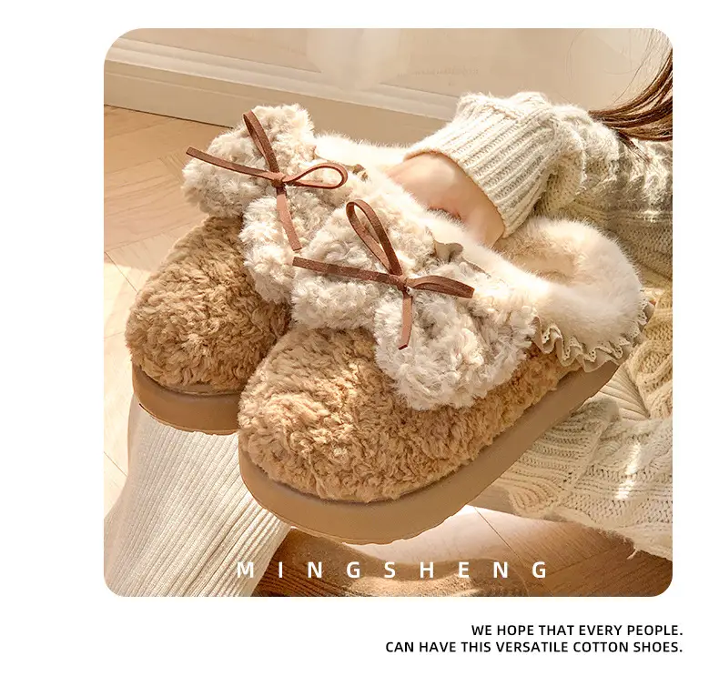 Internet Popular Color Matching Bow Cotton Slippers Women's Indoor Home Warm All-match fleece-lined Winter Outdoor Wear Cute Cotton Slippers — feature 5