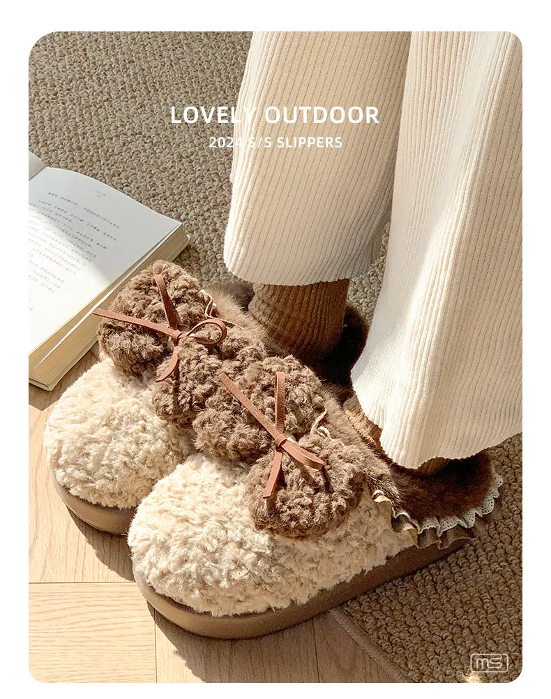 Internet Popular Color Matching Bow Cotton Slippers Women's Indoor Home Warm All-match fleece-lined Winter Outdoor Wear Cute Cotton Slippers — feature 8