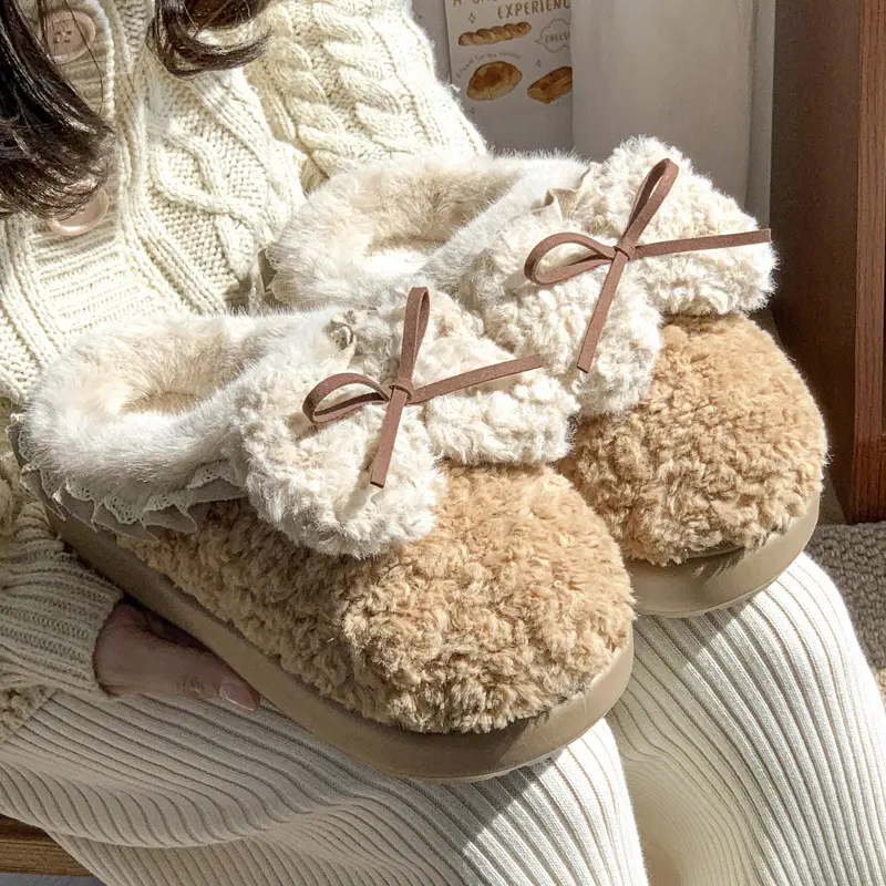 Internet Popular Color Matching Bow Cotton Slippers Women's Indoor Home Warm All-match fleece-lined Winter Outdoor Wear Cute Cotton Slippers