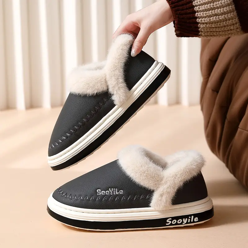 Pu Waterproof Cotton Slippers for Women in Winter with Velvet and Thick Plush to Keep Men Warm in Winter Outer Cotton Shoes for Men Wholesale - Image 4