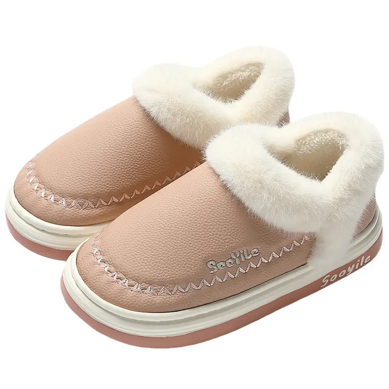 Pu Waterproof Cotton Slippers for Women in Winter with Velvet and Thick Plush to Keep Men Warm in Winter Outer Cotton Shoes for Men Wholesale - Image 6