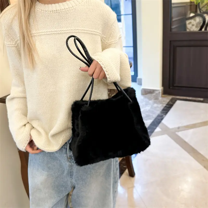 Women's New Fluffy Shoulder Bag Beige Large Capacity - Image 9