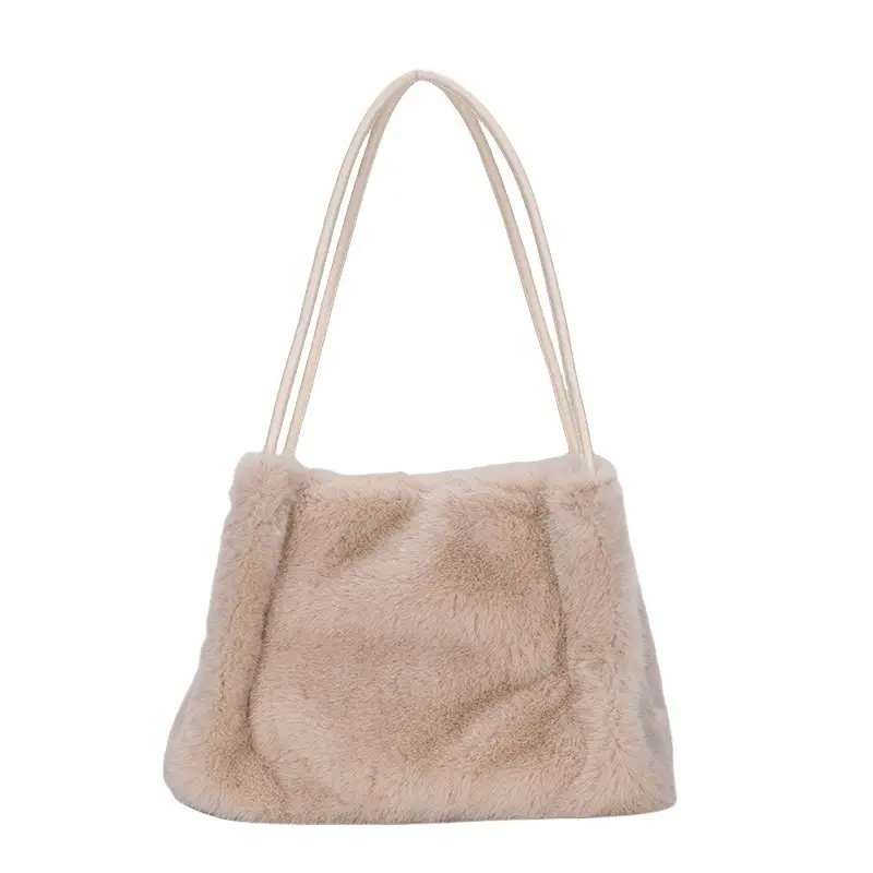 Women's New Fluffy Shoulder Bag Beige Large Capacity - Image 10