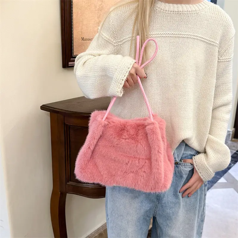 Women's New Fluffy Shoulder Bag Beige Large Capacity - Image 4