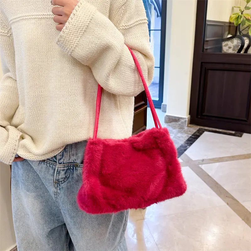 Women's New Fluffy Shoulder Bag Beige Large Capacity - Image 6