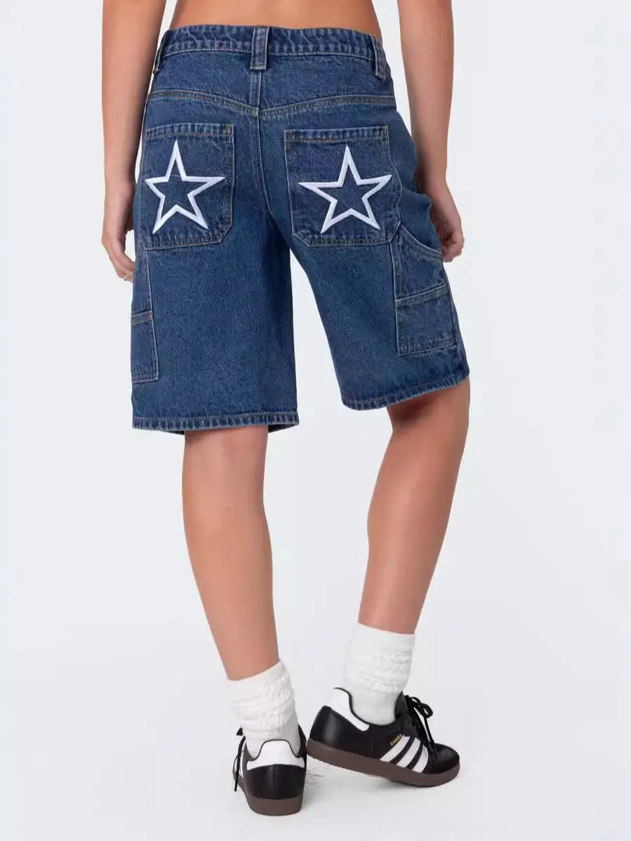 Women Denim Shorts Dark Blue Summer Loose Straight Slimming