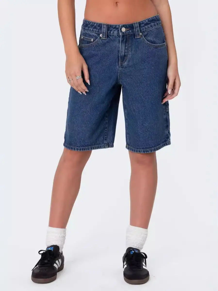 Women Denim Shorts Dark Blue Summer Loose Straight Slimming
