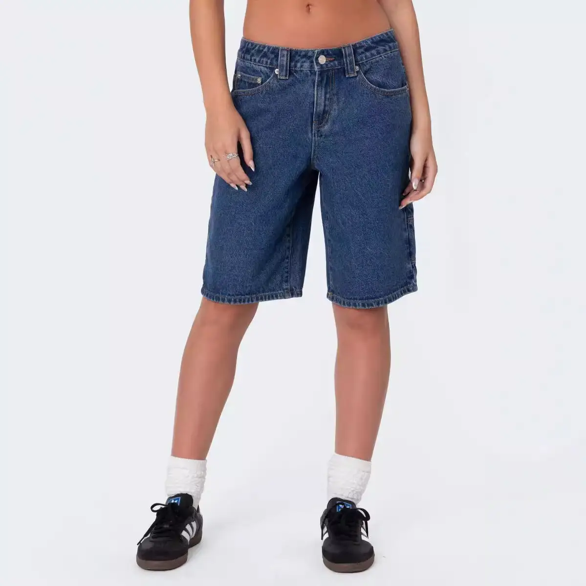 Women Denim Shorts Dark Blue Summer Loose Straight Slimming — feature 11