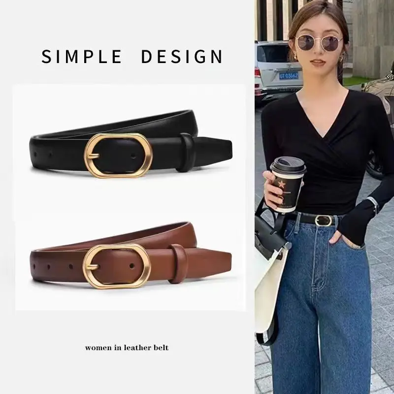 Women's Brown Leather Belt with Gold Buckle - Image 3