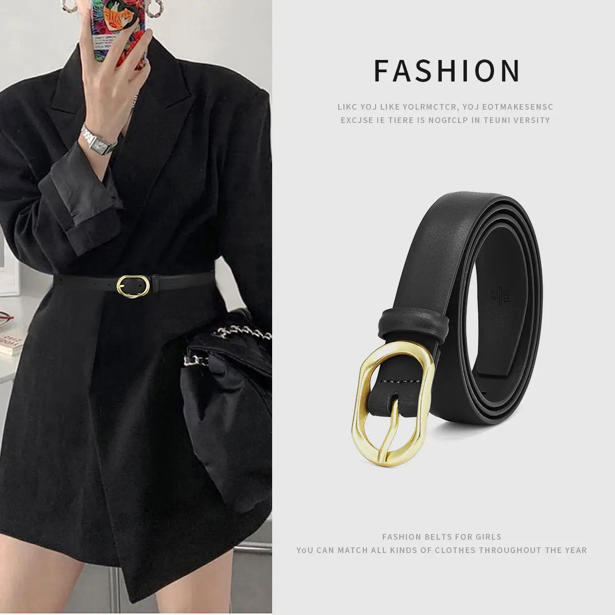 Women's Brown Leather Belt with Gold Buckle - Image 4