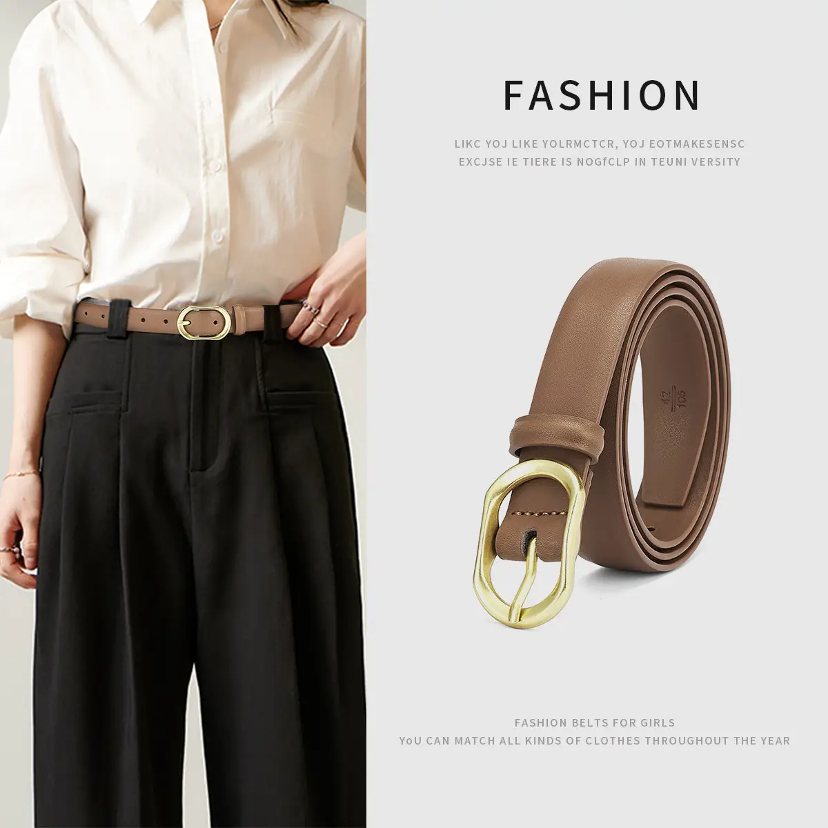 Women's Brown Leather Belt with Gold Buckle - Image 5
