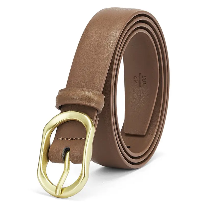 Women's Brown Leather Belt with Gold Buckle - Image 2