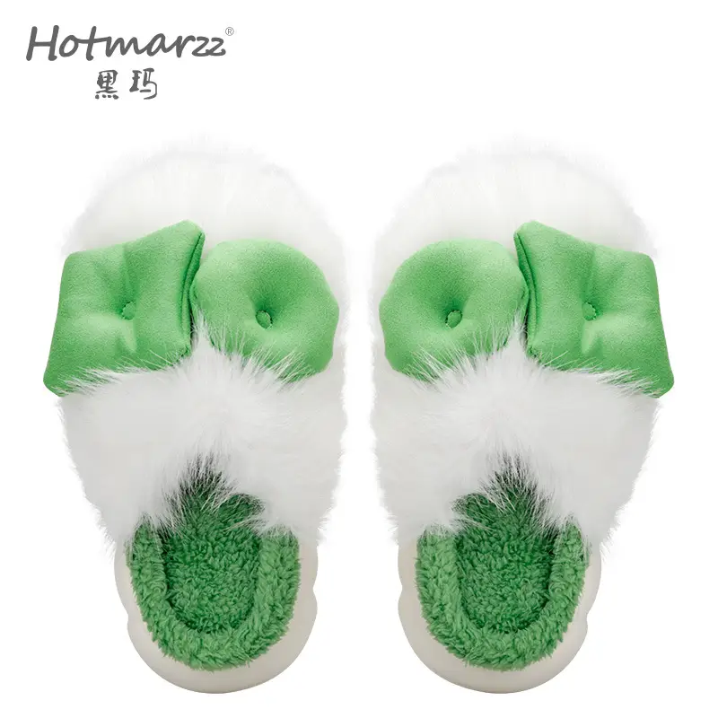 Women's Green Bow Cotton Slippers Warm Home
