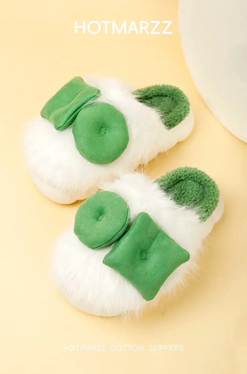 Women's Green Bow Cotton Slippers Warm Home — feature 1