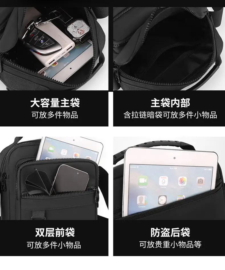 Men's Black Crossbody Shoulder Bag with Watch & Tablet Holder — feature 7