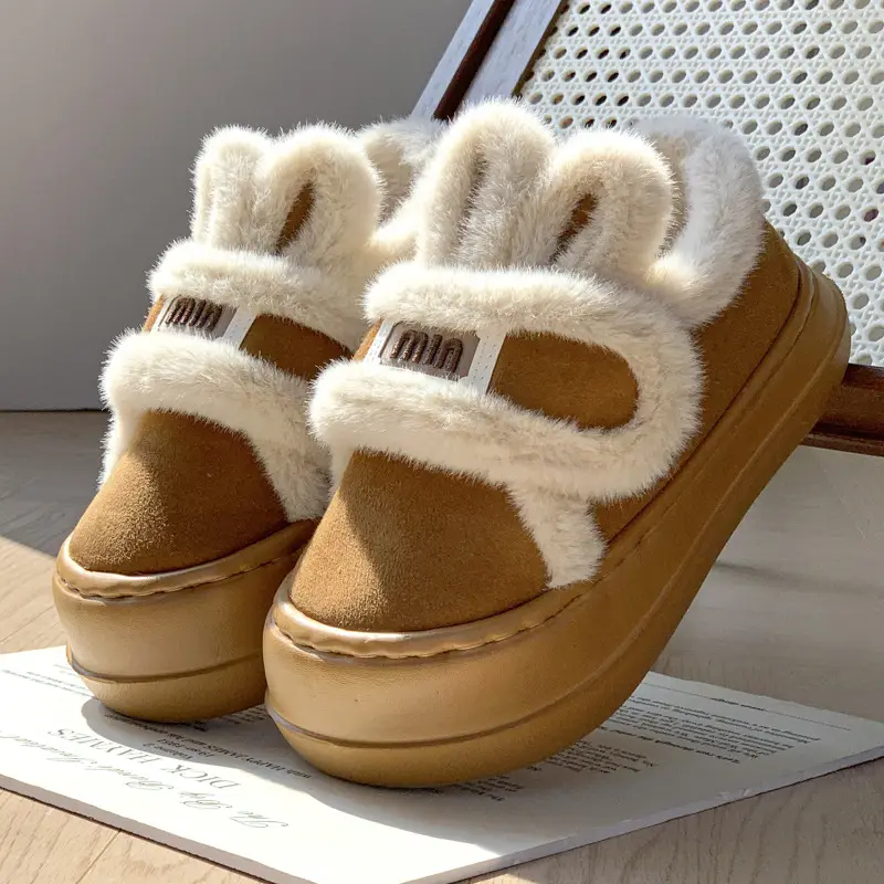 Korean-style cartoon rabbit ears cotton-padded shoes women's winter fleece-lined warm all-round heel moon shoes thick-soled increased non-slip cotton-padded shoes - Image 4