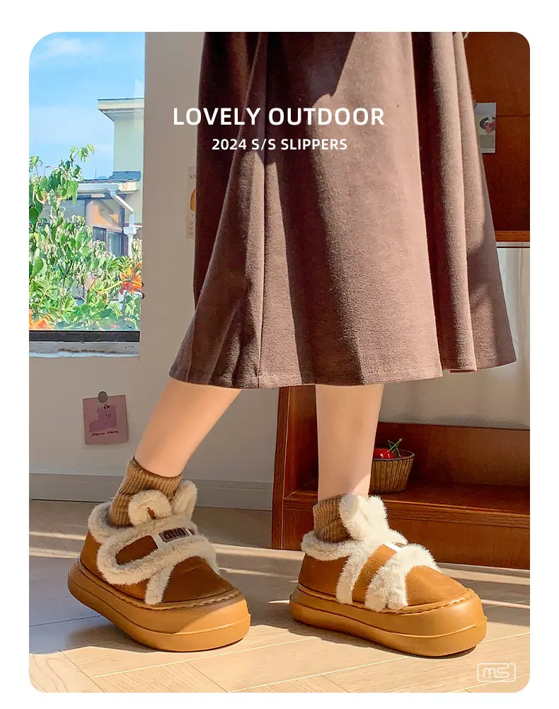 Korean-style cartoon rabbit ears cotton-padded shoes women's winter fleece-lined warm all-round heel moon shoes thick-soled increased non-slip cotton-padded shoes — feature 7